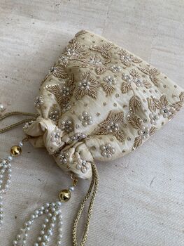 Gold Handcrafted Embroidered Potli Bag/Wrist Bag, 2 of 5