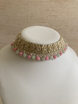 Green And Pink Pearl Lightweight Gold Plated Indian Set, 4 of 9