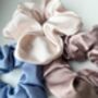 Lina Soft Scrunchie Set Of Three Blue Blush Pink Mauve, thumbnail 5 of 5
