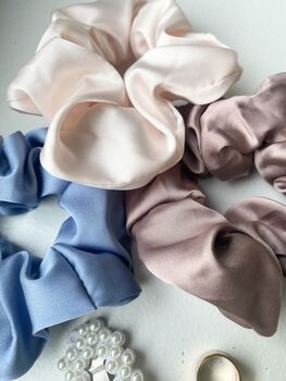 Lina Soft Scrunchie Set Of Three Blue Blush Pink Mauve, 5 of 5