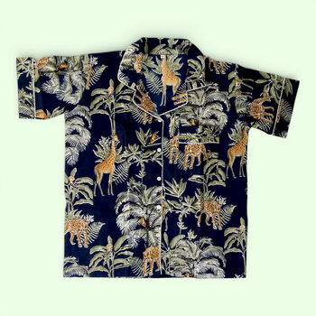 Giraffe And Leopard Print 100% Cotton Ladies Pyjama Short Set In Navy Blue, 6 of 6