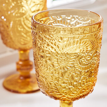 Set Of Four Amber Sunrise Embossed Wine Glasses, 5 of 8