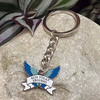 She Flies With Her Own Wings Latin Motto Enamel Keyring Gift, 2 of 3