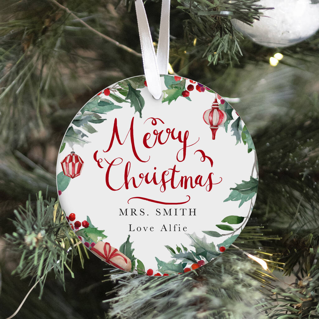 Personalised Merry Christmas Teacher Festive Wreath Ornament, 1 of 7