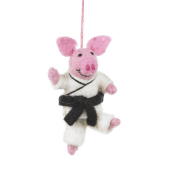 Handmade Felt Pork Chop Hanging Karate Pig Decoration, 2 of 4