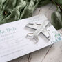 Eucalyptus Wedding Boarding Pass Save The Date With Silver Acrylic Magnetic Plane, thumbnail 4 of 5