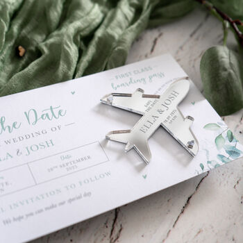 Eucalyptus Wedding Boarding Pass Save The Date With Silver Acrylic Magnetic Plane, 4 of 5