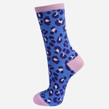 Women's Blue Leopard Print Bamboo Socks, 2 of 2