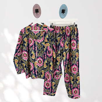 Ikat Print 100% Cotton Ladies Pyjamas In Navy And Pink, 3 of 8