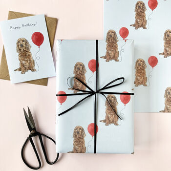 Golden Cocker Spaniel Dog And Balloon Wrapping Paper, 2 of 4