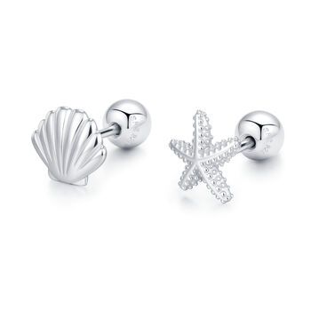 Sterling Silver Starfish And Shell 18 G Screw Back Stud Earrings, 8 of 12