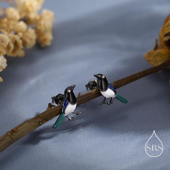 Sterling Silver Tiny Magpie Bird Stud Earrings, 2 of 12