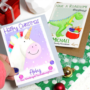 Grandchildren Christmas Card Dinosaur Or Unicorn, 2 of 9