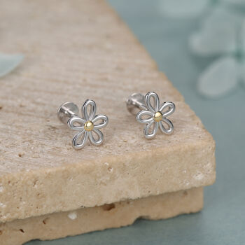 Sterling Silver Two Tone Daisy 16 G Flat Back Labret Earrings, 2 of 12