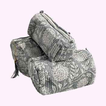 Grey Floral Block Print Cotton Washbag, Make Up Bag, With Waterproof Lining Set Of Three, 6 of 6