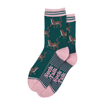 Cheetah Big Cats Bamboo Socks Women's Green Pink, 3 of 3