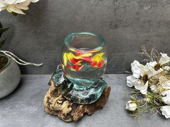 16cm Molten Glass Bowl On Teak Root Fruit And Nut Dish Wooden, 6 of 10