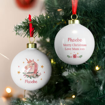 Baby Girl’s First Christmas Bauble Personalised Unicorn Xmas Ornament, 2 of 5