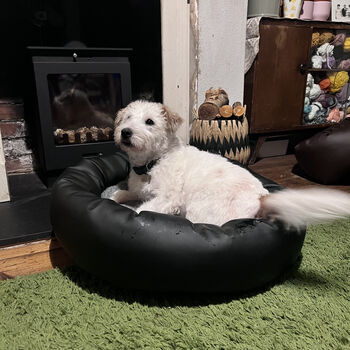 Vegan Leather Donut Dog Bed With Sherpa Fleece Cushion, 5 of 12