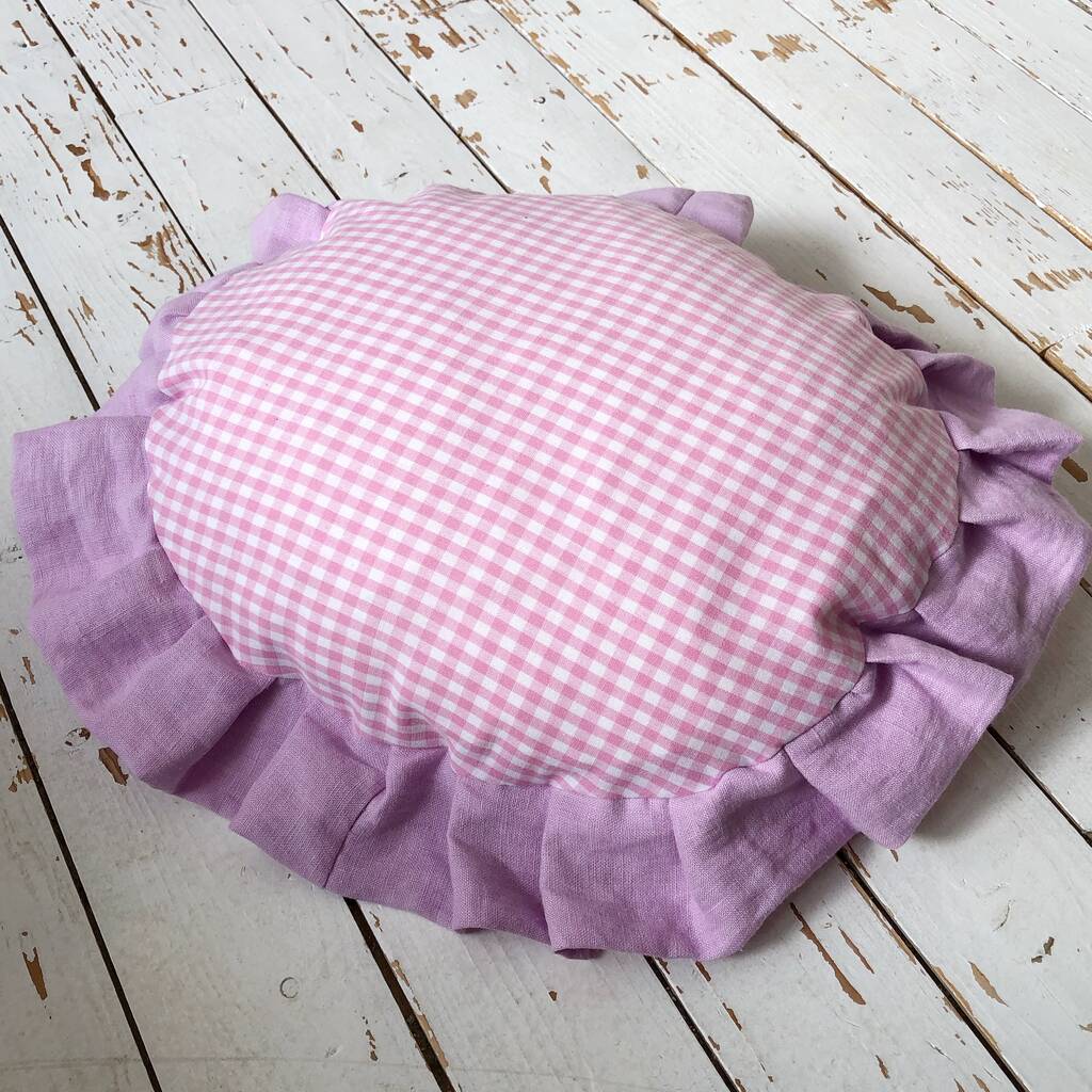 Lilac Frilly Cushion Frilled Gingham And Linen Pillow By Kelly Connor