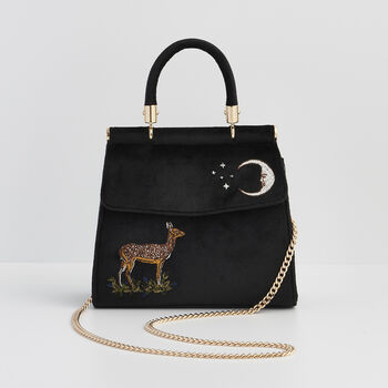 Deer And Moon Embroidered Black Velvet Tote, 2 of 8