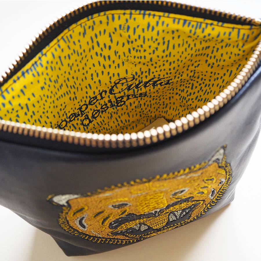 Embroidered Metallic Leather Tiger Make Up Bag By paperCutts designs