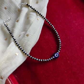 925 Silver Black Beaded Evil Eye Nazar Payal Anklet, 3 of 5