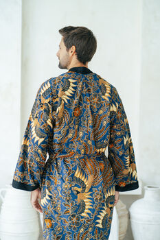 Royal Blue Men's Full Length Batik Kimono Robe, 5 of 5