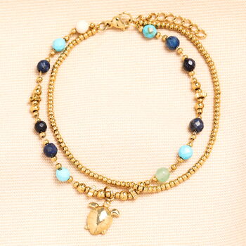Semi Precious Beaded Blue Turtle Charm Bracelet In Gold Plating, 2 of 5