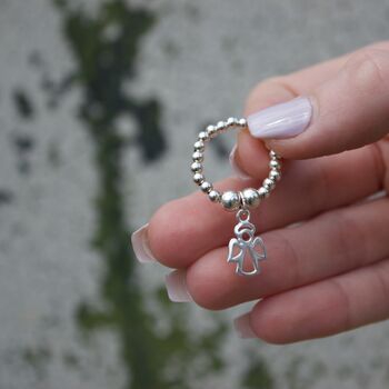 Sterling Silver Ball Bead Ring With Angel Charm, 2 of 8