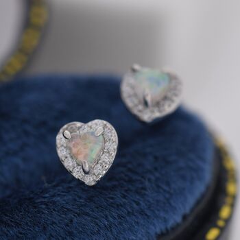 Sterling Silver Tiny Opal Heart With Cz Stud Earrings, 5 of 11