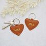 Mrs And Mrs Same Sex Couple Leather Heart Keyring Set, thumbnail 1 of 7