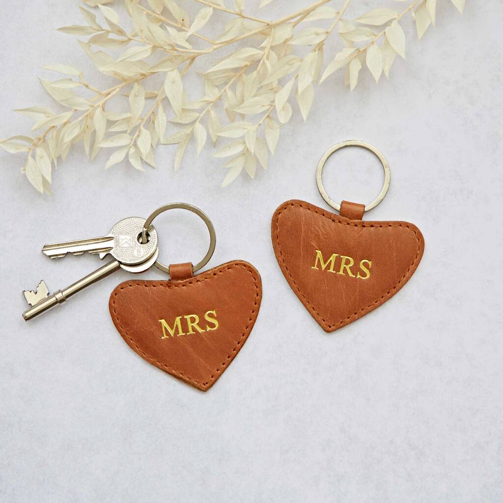 Mrs And Mrs Same Sex Couple Leather Heart Keyring Set, 1 of 7