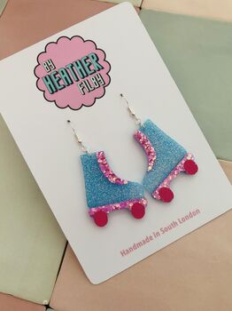 Blue And Pink Roller Skate Earrings / Disco Ball Sparkle Jewellery Skating Gift / Skate Lover Gift / 80s Disco Aesthetic Jewellery, 2 of 5