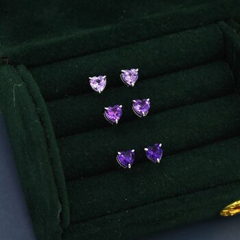 Genuine Amethyst Heart Stud Earrings In Sterling Silver, 5 of 12