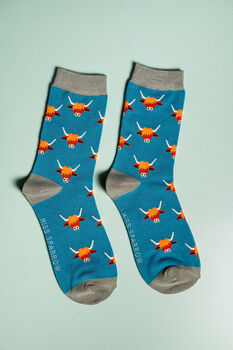 Highland Cow Navy Bamboo Socks, 8 of 8