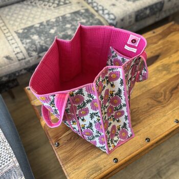 Block Print Quilted Tote Bag, Indian Print Handbag Pink, Black, 6 of 11