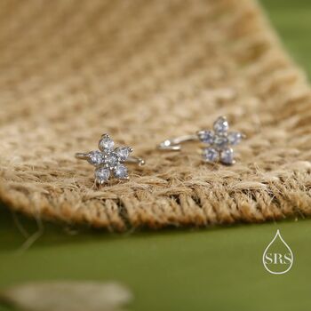 Uncoloured Forget Me Not Flower Cz Huggie Hoop Earrings, 2 of 12
