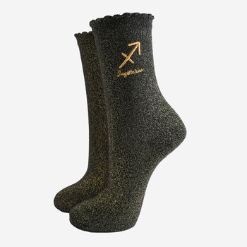 Women's Glitter Socks Black Gold Zodiac Sagittarius, 2 of 5