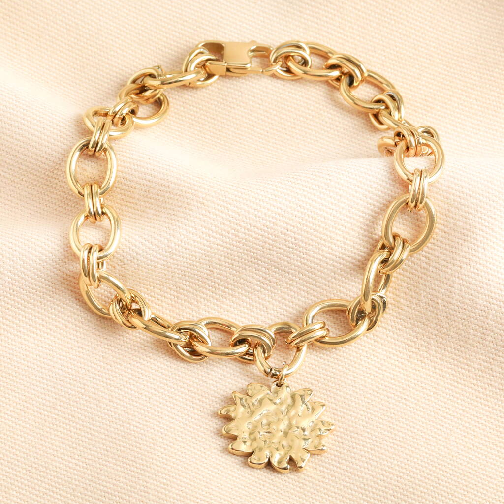 Stainless Steel Hammered Sun Charm Chain Bracelet In Gold Plating, 1 of 3