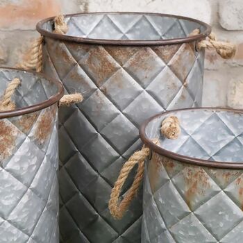 Set Of Three Quilted Effect Metal Bucket Planters, 4 of 5