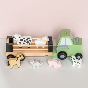 Personalised Wooden Farm Tractor Toy With Trailer And Animals, 9 of 12