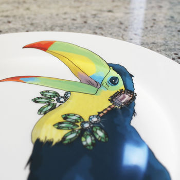 Vibrant Toucan Illustration Print Dinner Plate, 3 of 5