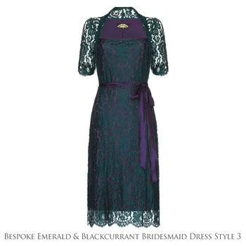 Lace Bridesmaids Dresses In Emerald And Blackcurrant, 6 of 8