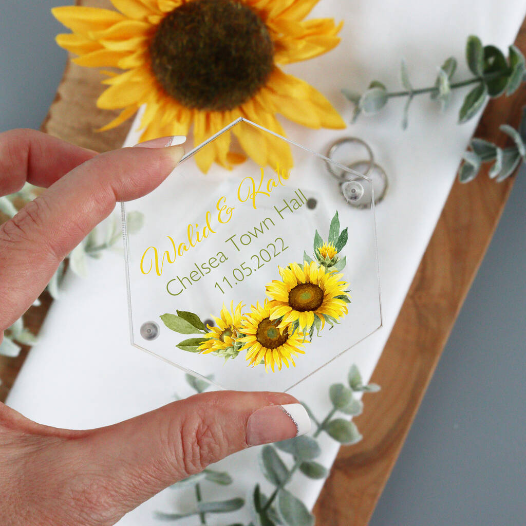 Personalised Acrylic Wedding Ring Box Sunflower, 1 of 5