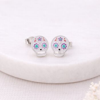 Sterling Silver Sugar Skull Stud Earrings – 10mm X 8mm, 4 of 7