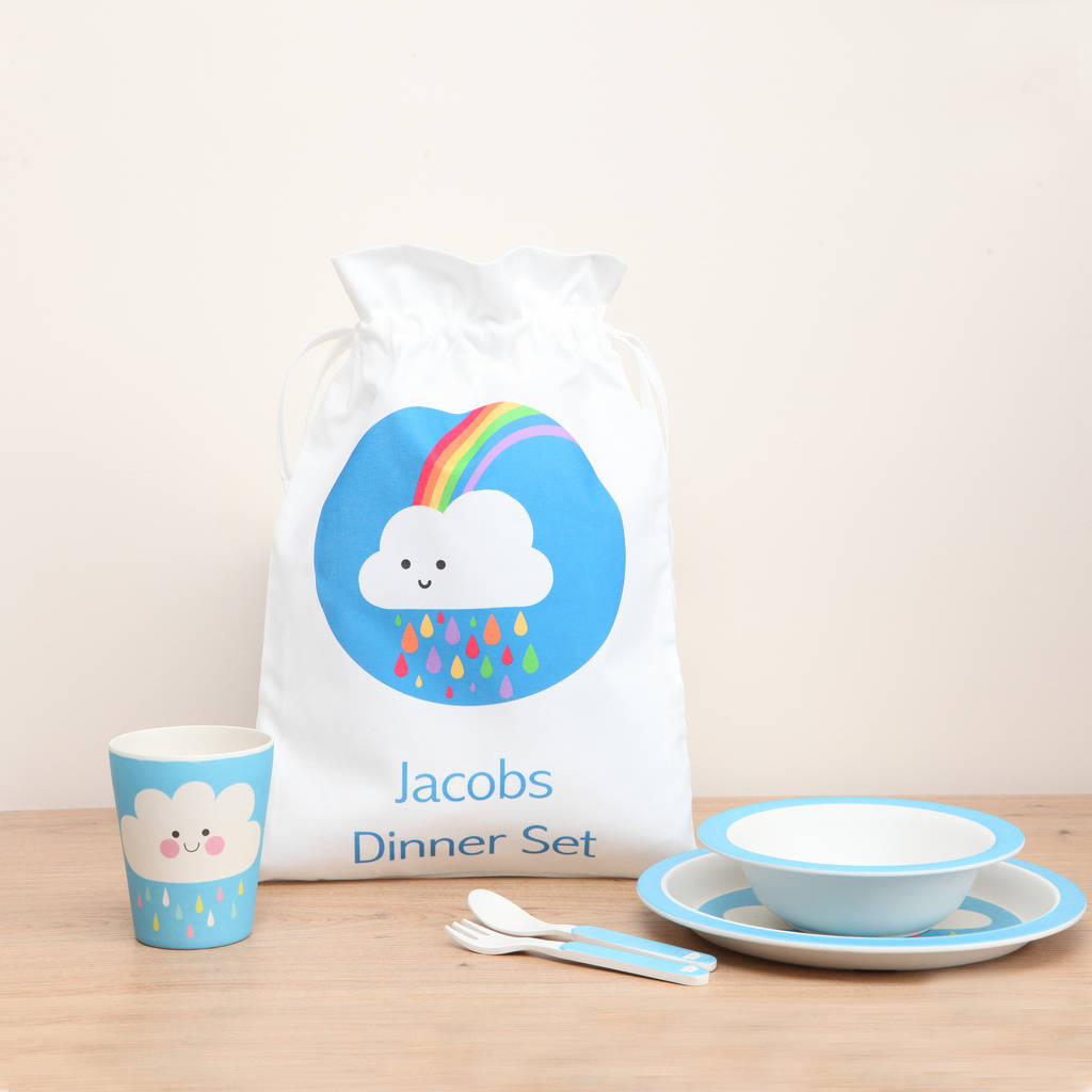 Childs Cloud Design Dinner Set And Personalised Bag, 1 of 3