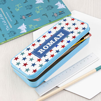 Personalised Boy's Blue Metal Pencil Case Tin, 4 of 9