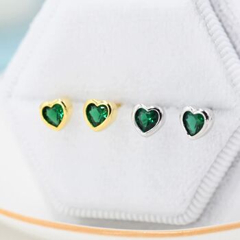 Tiny Emerald Green Cz Heart Stud Earrings, 3 of 12