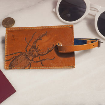 Personalised Leather Luggage Tag With A Stag Beetle, 3 of 8
